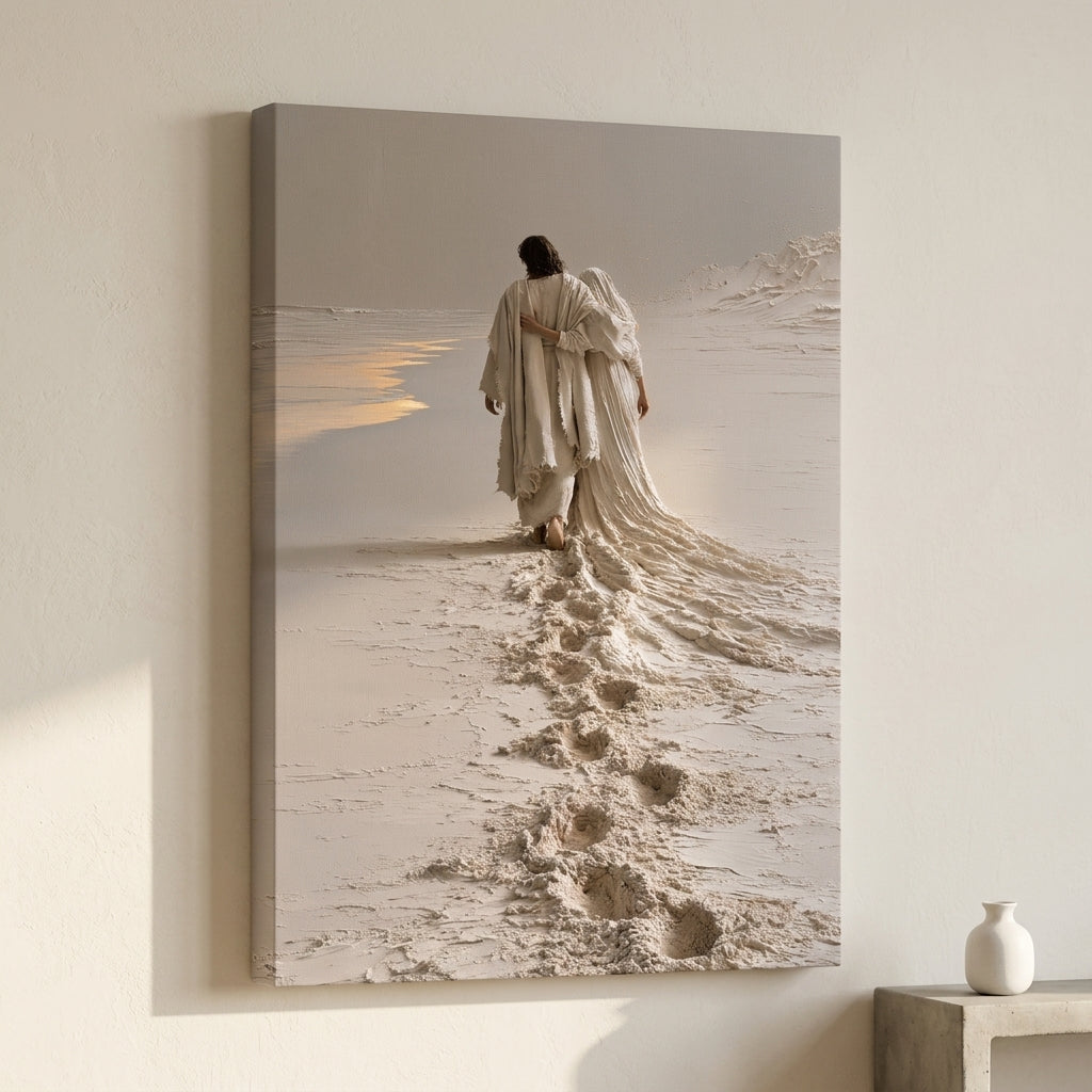 Footprints in the Sand canvas print hanging on a bedroom wall