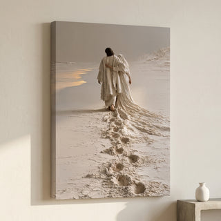 Footprints in the Sand canvas print hanging on a bedroom wall