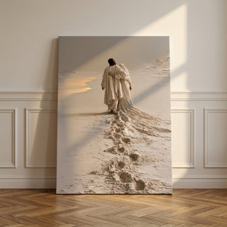 Footprints in the Sand canvas print leaning against a living room wall