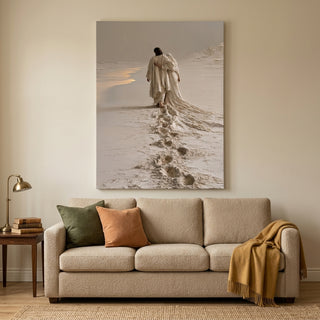 Footprints in the Sand canvas print displayed above a sofa
