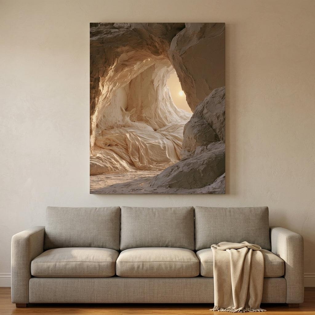 The Lamb at Rest canvas print displayed above a sofa