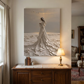 Star of the Sea canvas print of Mary before the ocean hanging above a wooden cabinet