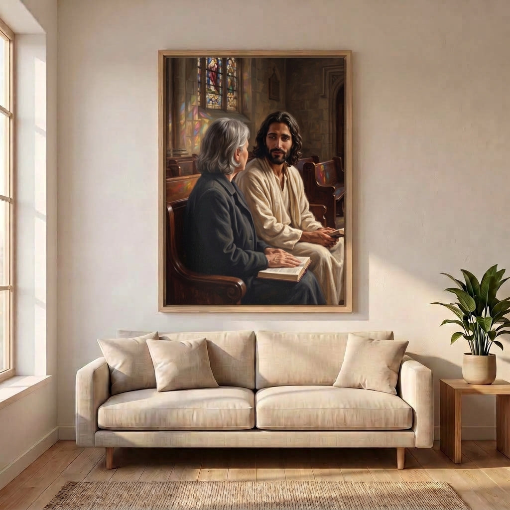 The Seat Beside You canvas print above a sofa