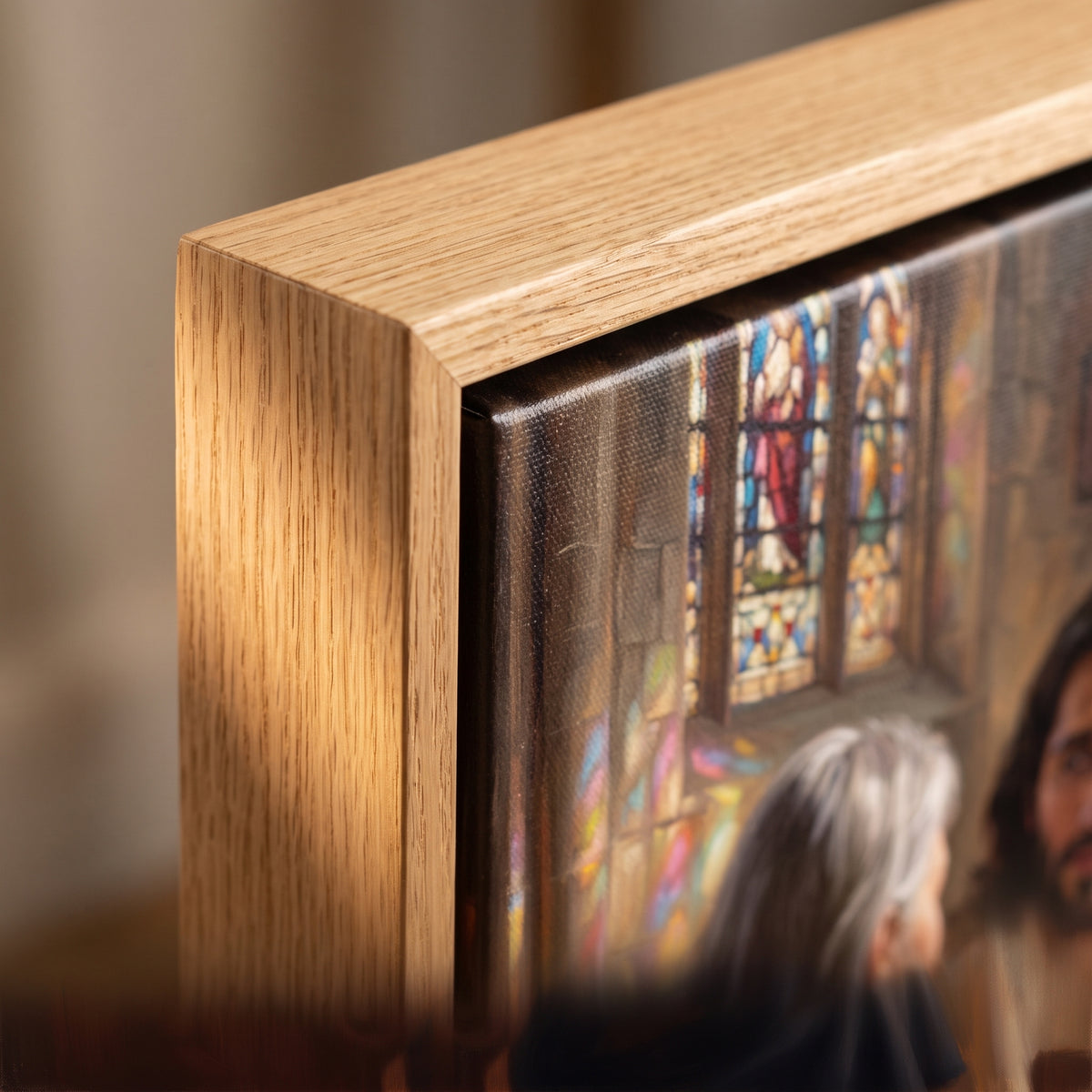Oak frame corner detail of The Seat Beside You canvas
